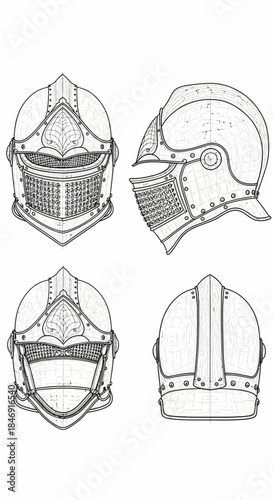 Detailed technical drawing of a medieval sallet helmet from four different angles, showing front, side, back, and top views in black and white line art style