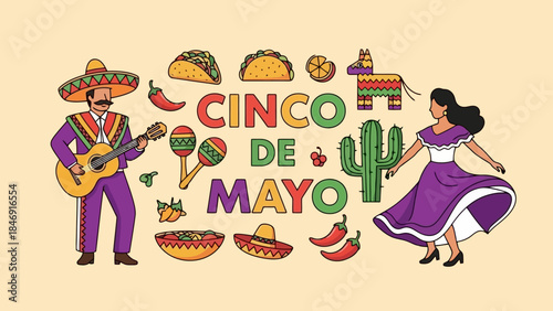 Cinco de Mayo celebration with traditional Mexican elements and characters.