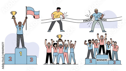 Illustrations of people winning races and competitions, holding trophies and flags.