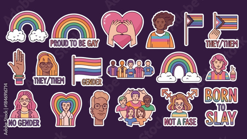 A collection of diverse LGBTQ+ pride stickers featuring rainbows, flags, and empowering messages.