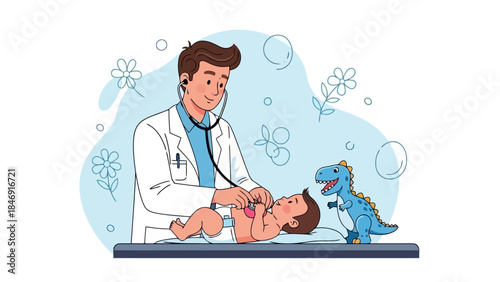 A friendly pediatrician examines a baby with a stethoscope, with a toy dinosaur nearby.