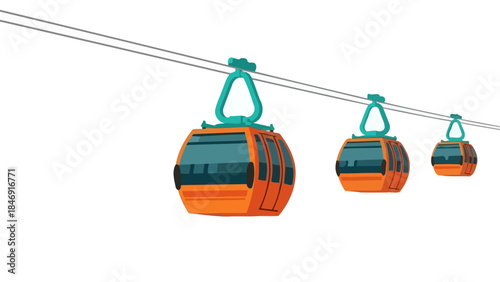 Three orange cable cars suspended from a cable against a white background.