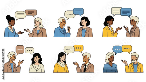 Diverse group of people engaged in conversations, represented through speech bubbles.