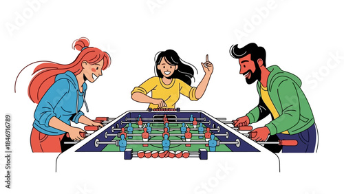Three people playing foosball, two are actively playing, one is celebrating a goal.