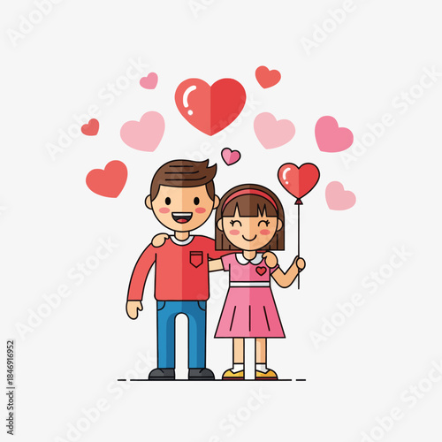 Cute cartoon of a boy and girl exchanging love hearts with floating hearts surrounding them