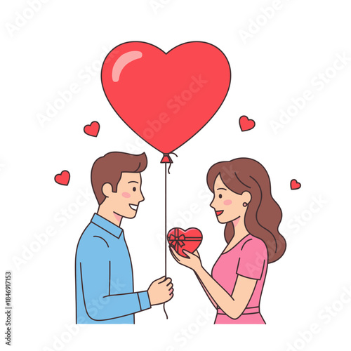 romantic gesture with a heart-shaped balloon and gift exchange between a couple