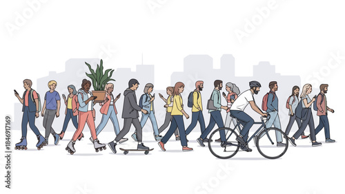 Diverse group of people walking and biking in a city, many looking at their phones.