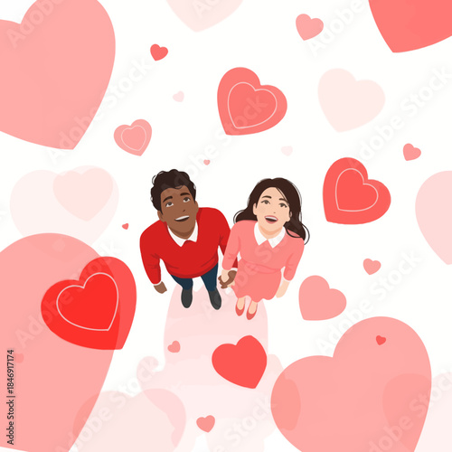 romantic couple surrounded by floating hearts in a cheerful and loving atmosphere
