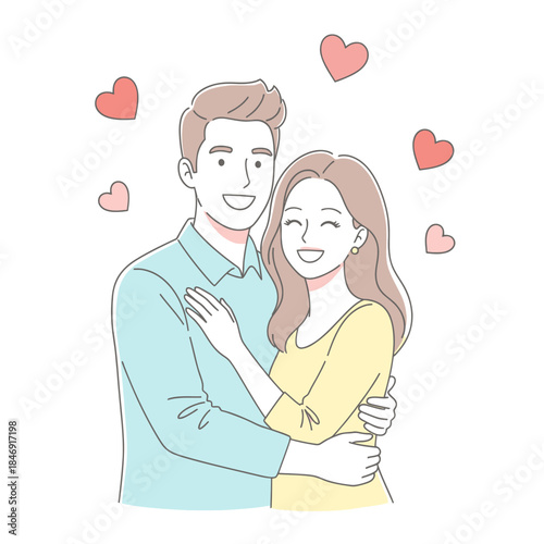 Cute cartoon couple embracing with hearts around them symbolizing love and affection