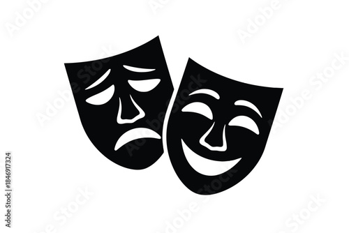 Two black comedy and tragedy masks side by side on white background theater drama