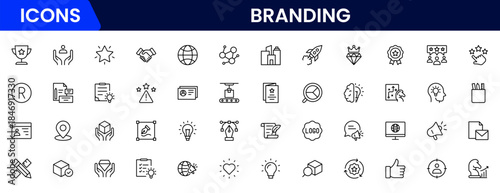 Branding icon set. Containing marketing, product, brand value, design, logo, brand development, social media, advertising and loyal customers icons