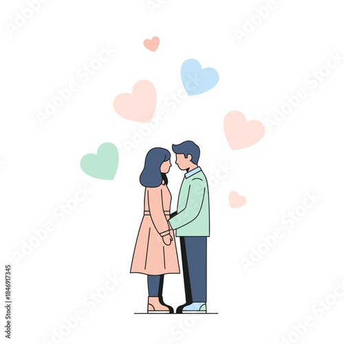 Minimalistic Illustration of a Romantic Couple with Floating Hearts in Pastel Colors