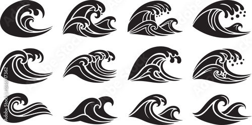 Twelve stylized black wave icons set