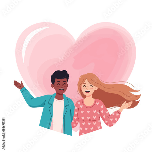 Adorable animated couple sharing a joyful moment with a large pink heart in the background