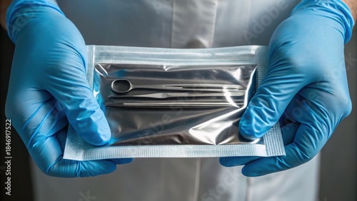 Close-Up of Hands Opening Sealed Sterile Surgical Instruments Package