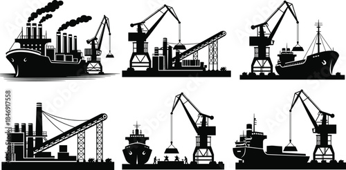 Industrial seaport silhouette collection, cargo ships with heavy cranes, maritime logistics, commercial trade transportation, shipping dock vector illustration set, black isolated icons