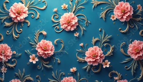 Repeating pattern of coral pink flowers with gold ornate swirls. Decorative floral motif on deep blue background. Elegant botanical design for textiles wallpaper or graphic art.