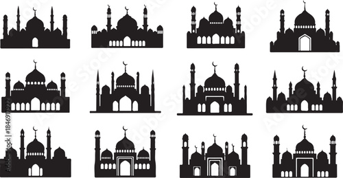 Twelve black mosque silhouette icons vector set