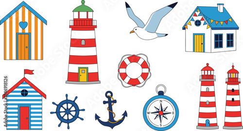 Vector Collection of Cute Nautical and Beach Elements; Lighthouse, Beach Hut, Seagull, Anchor, Lifebuoy, Ship's Wheel, and Compass for Summer Travel.