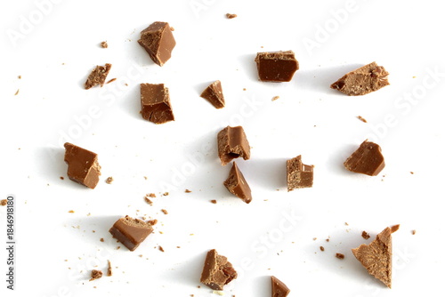 There are many small pieces of chocolate lying on a white background.