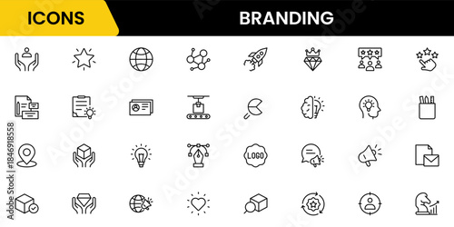 Branding icon set. Containing marketing, product, brand value, design, logo, brand development, social media, advertising and loyal customers icons