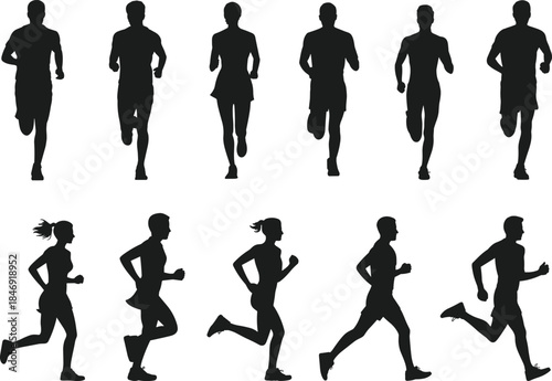 Running athletes silhouettes set men women jogging poses isolated on white background fitness concept illustration