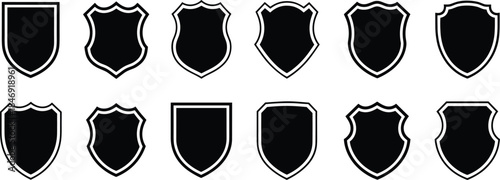 Shield badge icons set black silhouette emblems heraldic security labels vector collection isolated design