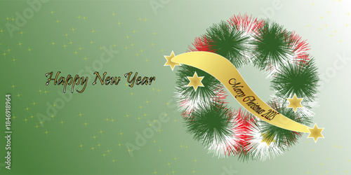 Christmas wreath with gold and red glitter ornaments. Christmas tree decoration. Holiday fir tree garland. EPS10, WEBSITE