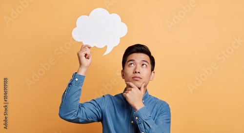 Asian man in denim holds blank thought bubble, contemplating, looking for inspiration