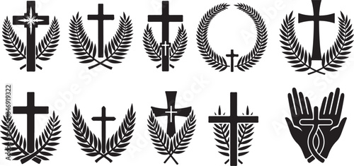 Christian cross and laurel wreath icon set