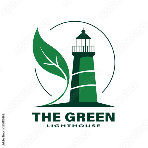 A green lighthouse and leaf logo design symbolizing nature and guidance