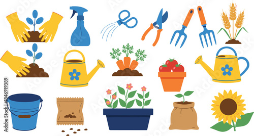 Vector Collection of Gardening and Planting Tools; Hands, Watering Cans, Seeds, Trowel, Rake, Spray Bottle, and Harvested Vegetables.