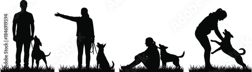 Set of black vector silhouettes showing people training dogs, playing in park, man and woman interacting with pets, canine obedience and friendship scenes.