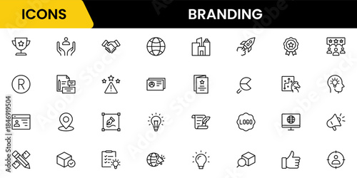 Branding icon set. Containing marketing, product, brand value, design, logo, brand development, social media, advertising and loyal customers icons