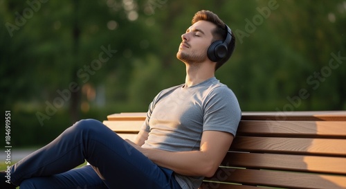 Relaxed man wearing headphones enjoys music, sitting on a park bench at sunset
