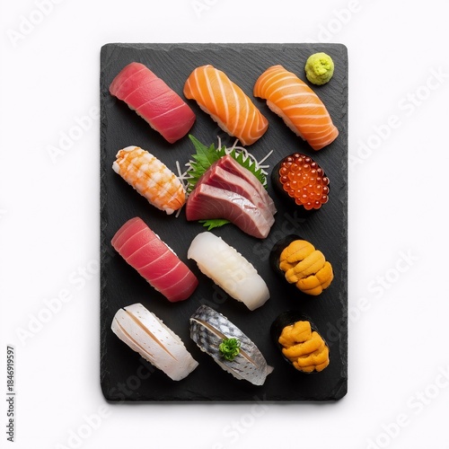 Fresh assorted sushi nigiri and sashimi platter sits elegantly on a black slate
