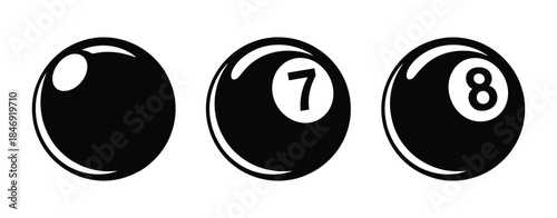 three black billiard balls with one numbered 8, realistic glossy finish, smooth surfaces, and lighting reflections, perfect for pool, snooker, cue sports, digital illustrations, and recreational 