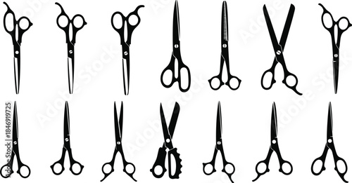 Set of professional hair cutting scissors silhouettes, black vector icons collection on white background, barber shop equipment, grooming shears and trimmers, design elements. (23 words)