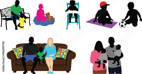 Family and children silhouettes showing parenting, childhood activities, playtime, bonding moments, daily life stages, and modern family lifestyle concepts