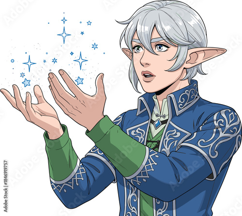 Fantasy elf mage conjuring magical sparkles with expressive pose, detailed clothing, mystical atmosphere, perfect for fantasy art, storytelling, games, and illustration projects