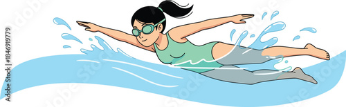Female swimmer performing freestyle stroke in water, swimming training and fitness concept, healthy lifestyle sport illustration, dynamic motion design
