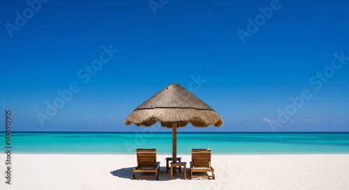 Luxury sunbeds under a thatched palapa on white sand, turquoise sea, clear blue sky