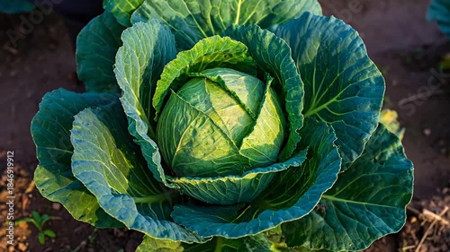 A close-up shot of a healthy, green cabbage head in a garden bed with outer leaves