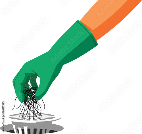 Gloved hand removing hair from bathroom drain illustrating plumbing maintenance, clog prevention, hygiene care, household cleaning problem concept