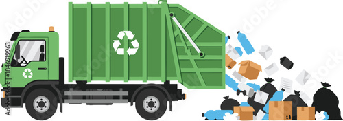 Green garbage truck unloading recyclable waste, municipal waste collection and recycling service concept, environmental cleanup and sustainability flat vector illustration