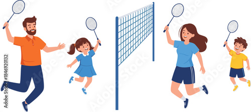 Happy family playing badminton together outdoors, featuring parents and children enjoying fun exercise, teamwork, and active lifestyle in a cheerful sports scene