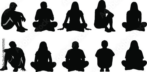 Set of ten black silhouettes of men and women sitting, resting, and meditating in various casual poses, isolated vector illustration on white.