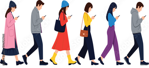 Modern vector illustration of diverse people walking while engrossed in their mobile phones, capturing concepts of digital addiction, social isolation, technology dependence, and urban life.