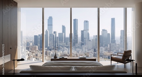 Elegant master bedroom design, panoramic city skyscraper view