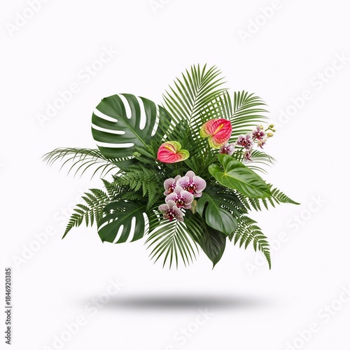 Lush tropical bouquet featuring monstera, palm leaves, anthurium, and exotic orchids